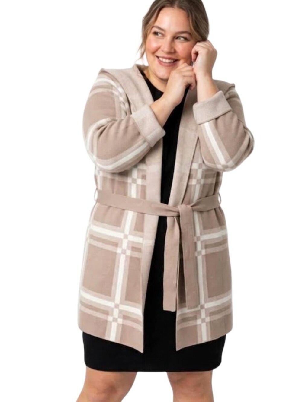 Sioni Rayon Blend Plaid Sweater Cardigan Coatigan Hooded Tie Belt Window Pane